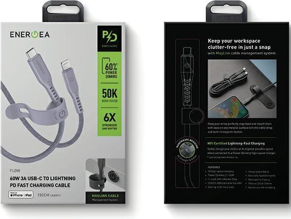 Actual product image Energea cable Flow USB-C - Lightning C94 MFI 1.5m fioletowy/purple 60W 3A PD Fast Charge (1.50 m, USB 3.0)