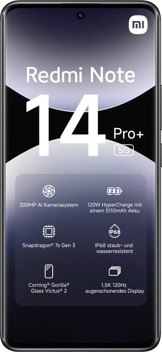Produktbild Xiaomi Redmi Note 14 Pro+ 5G (256 GB, Midnight Black, 262.60", Dual SIM, 200 Mpx, 5G)