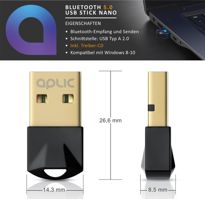 Produktbild Aplic USB Bluetooth 5.0 Stick Nano, mini BT5.0 Dongle / Adapter, für PC & Laptop, Empfänger & Sender (Sender & Empfänger)