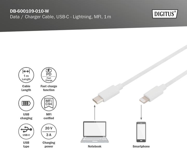 Actual product image Digitus Data / Charger Cable, USB-C - Lightning, MFI (1 m, USB 2.0)