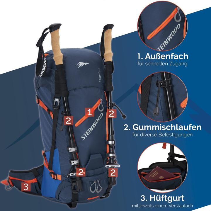 Immagine prodotto Steinwood Zaino da trekking 35L - Idrorepellente, con copertura antipioggia e ventilazione posteriore (35 l)