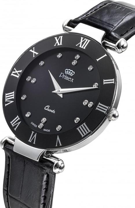 Image du produit Primex Montre Dame Swiss Made Bracelet Cuir Noir Cadran Noir Etanche 30 M Grande (Montre analogique, 40 mm)