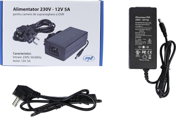 Produktbild PNI 230V - 12V 5A 60 Watt Netzteil für Überwachungskameras und DVR