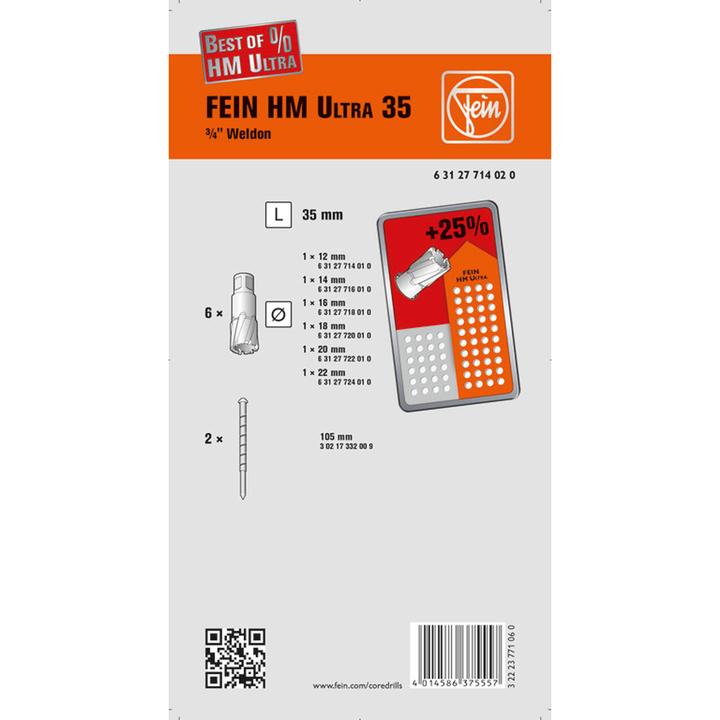 Actual product image Fein Core drill set 63127714020 1 S (12 mm, 16 mm, 18 mm, 20 mm, 22 mm, 14 mm)