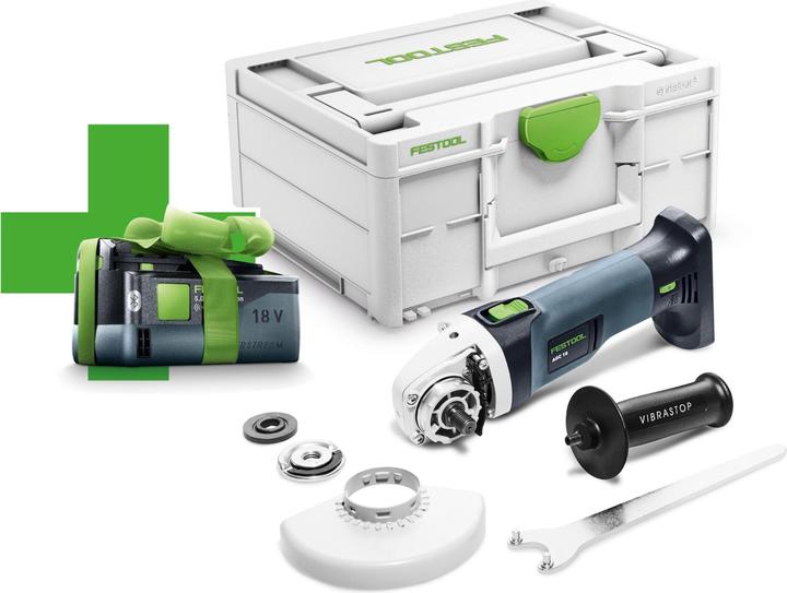 Chiave frontale KF-AGC 18, Dado a sgancio rapido QRN-AGC 18, Flangia BF-AGC 18, Batteria BP 18 Li 5.0 ASI, Maniglia supplementare VIBRASTOP, Coperchio di protezione SH-AGC 18, SYS3 M 187 Systainer