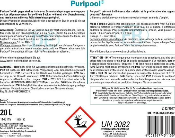 Nutritional values and ingredients Bayrol Puripool 20L Winterizing Agent UN3082 (20000 ml)