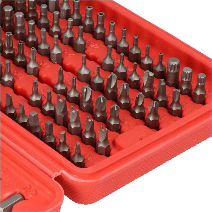 Produktbild FixPoint Bitsatz 100-teilig aus hochwertigem Werkzeugstahl (Innensechsrund TX M20, Innensechsrund TX M27, Innensechsrund TX M30, Innensechsrund TX M10, Innensechsrund TX M15, Innensechsrund TX M25, Innensechsrund TX M40, Kreuz Pozidriv PZ M1, Kreuz Pozidriv PZ M2, Kreuz Pozidriv PZ M3, Kreuz Pozidriv PZ M0, Innensechsrund TX M6, Innensechsrund TX M8)