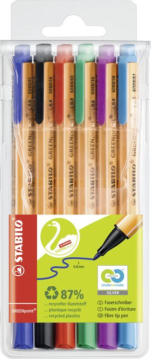 Produktbild STABILO GREENpoint umweltfreundlicher Filzschreiber (Grün, Schwarz, Lila, Türkis, Blau, Rot, 6 x)