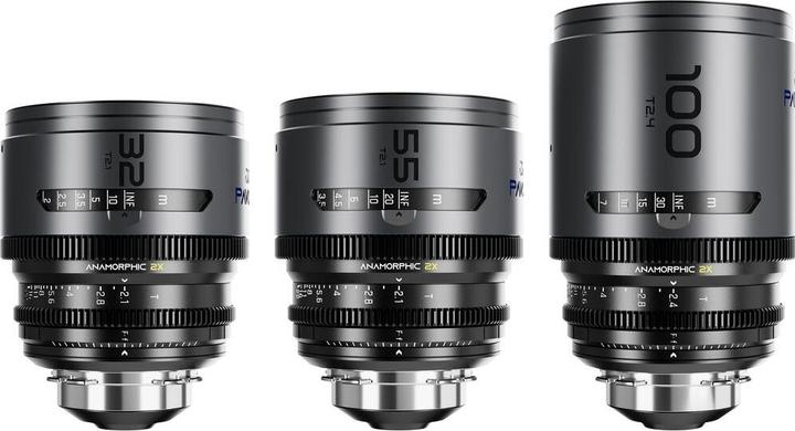 Produktbild Dzofilm Pavo 2x Anamorphic 3-Lens Kit (32/55/100mm T2.1/T2.4) for PL/EF Mount (S35) imperial - Blue (PL, C-Mount)