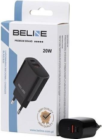 Actual product image Beline Ład. siec. 1x USB-C + 1x USB 20W czarna /black (only head) PD 3.0 + QC 3.0 BLN2CB20 (20 W)