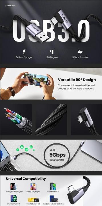 Actual product image Ugreen Angle cable USB to USB-C US385, 3A, 1m (black) (1 m, USB 3.0)