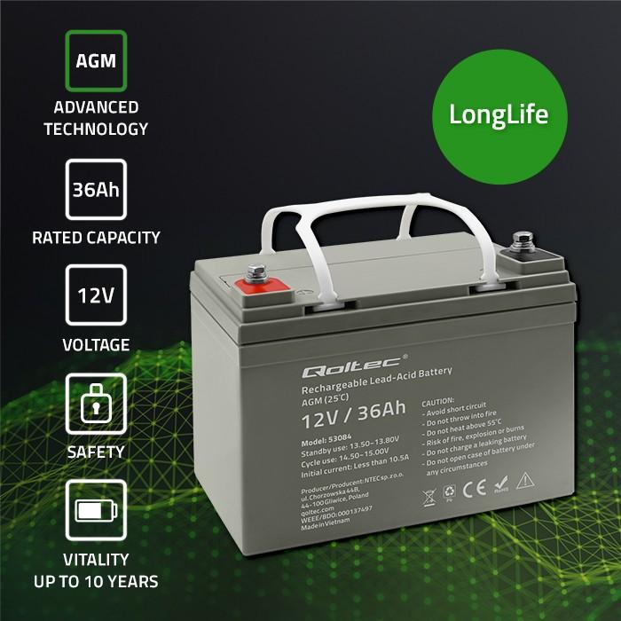 Actual product image Qoltec accumulator AGM | 12V | 36Ah | max.540A (12 V, 36 Ah)