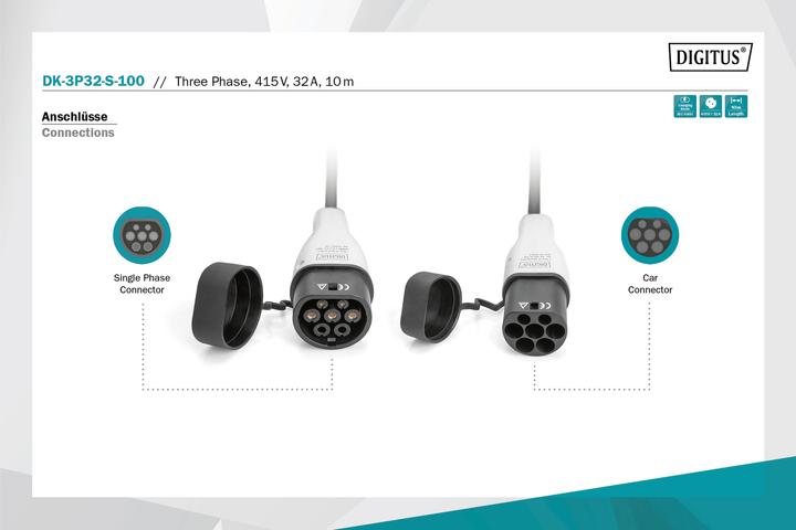 Produktbild Digitus Dreiphasiges 32A - Ladekabel Typ 2 auf Typ 2 (Typ 2, 22 kW, 32 A, 10 m)
