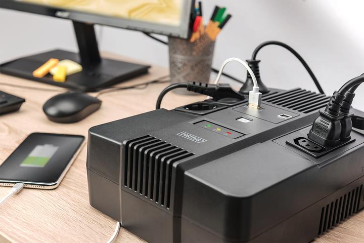 Actual product image Digitus All-in-One UPS, 600VA/360W, LED x1, 4x CEE 7/7,3x IEC C13, USB (600 VA, 360 W, Line-interactive UPS)