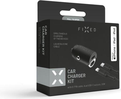 Actual product image Fixed Dual USB-C Car Charger 30W + USB-C/Lightning Cable, black