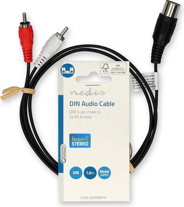 Produktbild Nedis DIN-Audio-Kabel | DIN 5-Pin Stecker | 2x RCA Stecker | Vernickelt | 1.00 m | Rund | PVC | Schw (1 m)