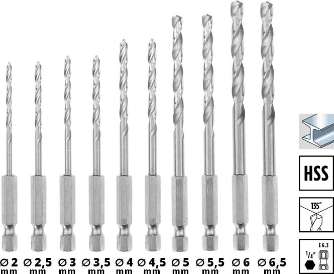 Einhell 108723 Metal twist drill set 10 pieces 2 mm, 2.5 mm, 3 mm, 3.5 mm, 4 m (2 mm, 2.5 mm, 3 mm, 3.5 mm, 4 mm, 4.5 mm, 5 mm, 5.5 mm, 6 mm, 6.5 mm)