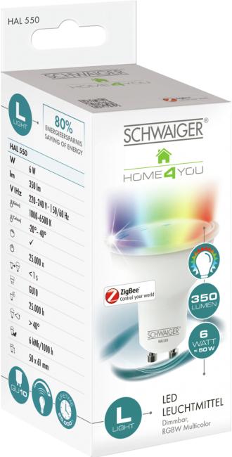 Produktbild Schwaiger A+, RGBW, 350 lm, 6 kWh, 1800 - 6500 K, ZigBee v3.0, GU10 (GU10, 6 W, 350 lm, 1 x, G)