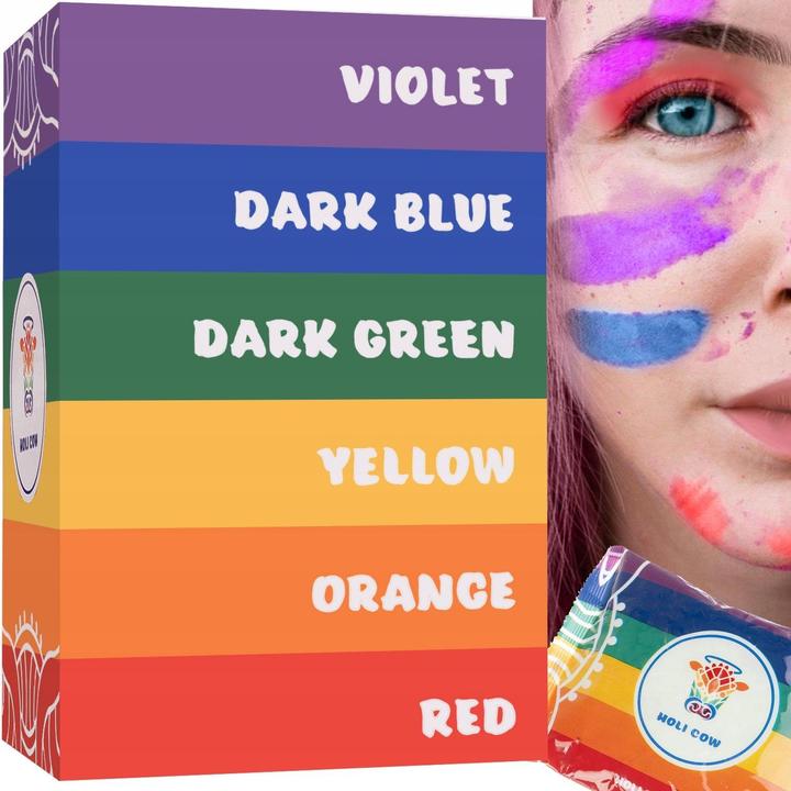 Image du produit JTI Poudre Holi multicolore - kit 6x100g (Vert foncé, Jaune, Lila, Orange, Bleu foncé, Blanc, 1 x)