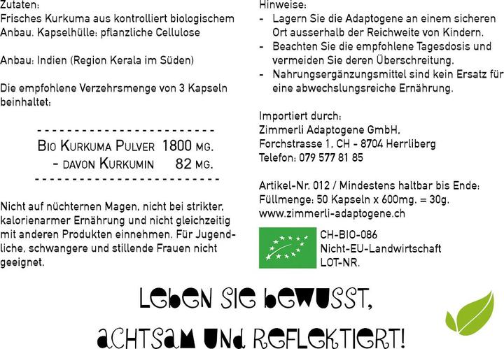 Nährwerte und Zutaten Zimmerli Adaptogene Kurkuma Pulver (BIO) (1 Stück, Pulver, 100 g)