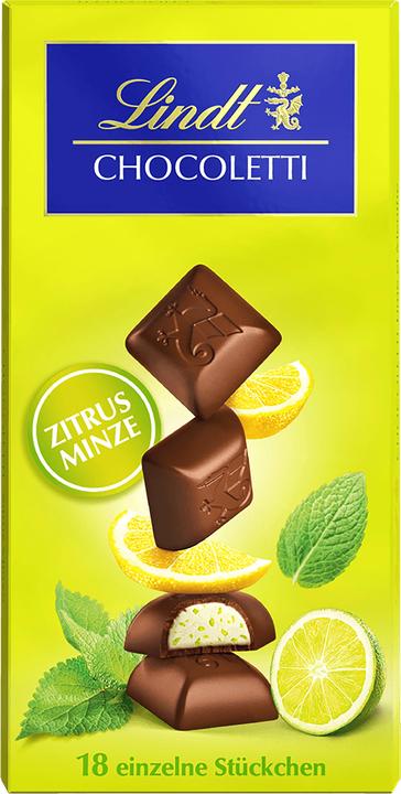 Actual product image Lindt Chocoletti Dark Lemon & Mint chocolate bar (100 g)