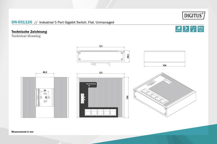Actual product image Digitus Industrial Gigabit Flat Switch, 5-port (5 Ports)