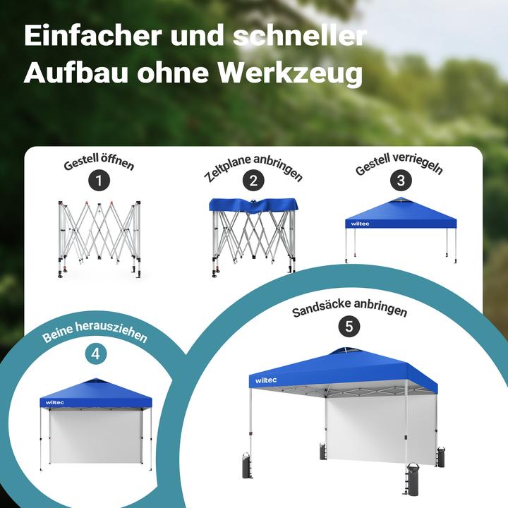 Actual product image Wiltec Pop up gazebo 3x3m blue side section wheels garden gazebo folding gazebo (300 cm, 300 cm)