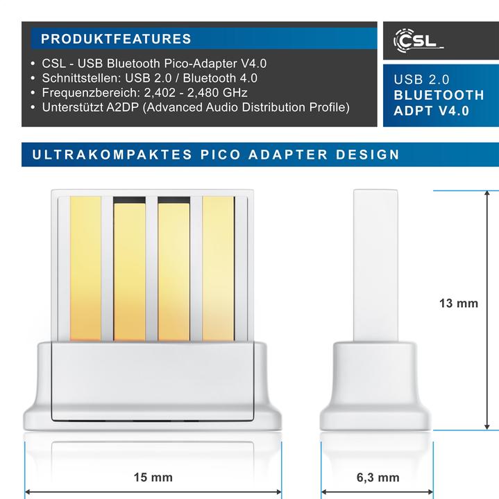 Immagine prodotto CSL Adattatore Bluetooth USB, chiavetta USB BT4.0, alta portata, driver incluso Compatibile con Windows (Trasmettitore e ricevitore)