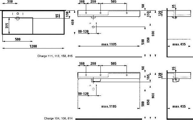 Produktbild Laufen Waschtisch KARTELL 1200x460mm Abl. re o ÜL 1 HL-Ausf. weiss (460 mm, 1200 mm)