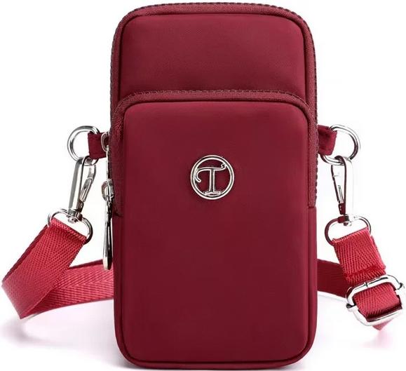 PhoneLook Ultraleichte Mini-Schultertasche 3 Taschen mit Reissverschluss und abnehmbarem Riemen Bordeau