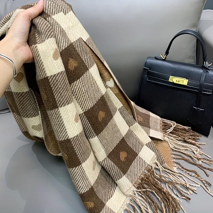 Produktbild Only-Bags.Store Double-Sided Heart Pattern Scarf, Winter Plaid Warm Neck Wrap, Cozy Shawl For Autumn & Winter