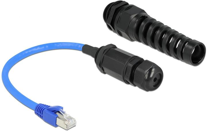 Produktbild Delock Kabel RJ45 Stecker zu RJ45 Buchse Cat.6 wasserdicht mit Kabelverschraubung und Knickschutztülle (S/FTP, CAT6, 0.25 m)
