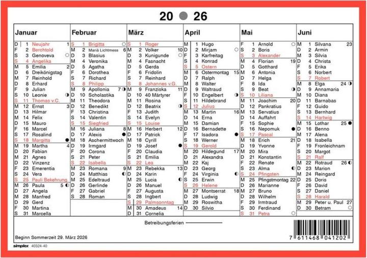 Nährwerte und Zutaten Simplex Kalender mit Namenstagen A5 Querformat, 2026 (A5, Harter Einband, Deutsch)