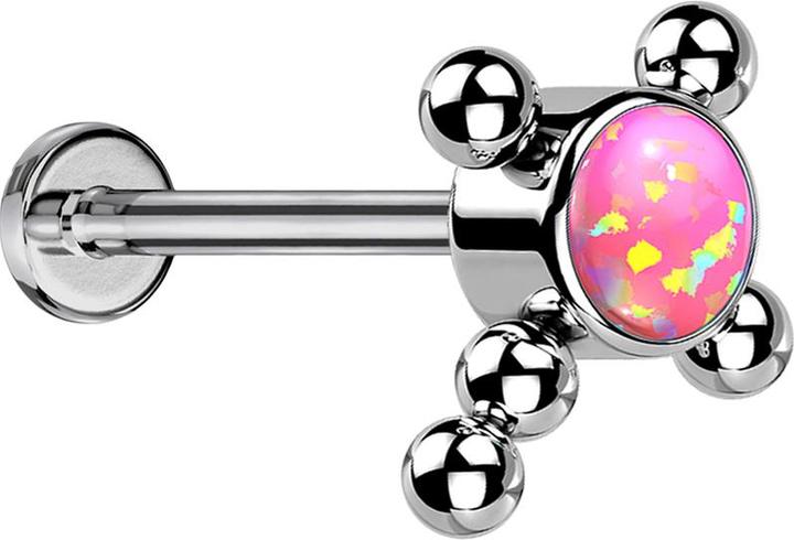 Star Piercing Micro Threadless Labret silber Kreuz Kugeln Opal pink (ohne Messing, Titan G23)