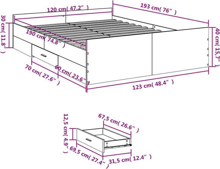 Actual product image VidaXL Bed frame with drawers (120 x 190 cm)
