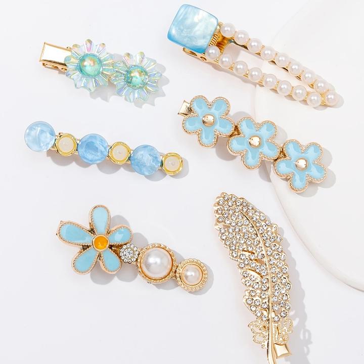 Actual product image Activity Board 6pcs Bunte Feder Blumen Faux Perle Strass Haarspangen Mode Luxus Urlaub Reise Haarnadeln (6 pcs.)