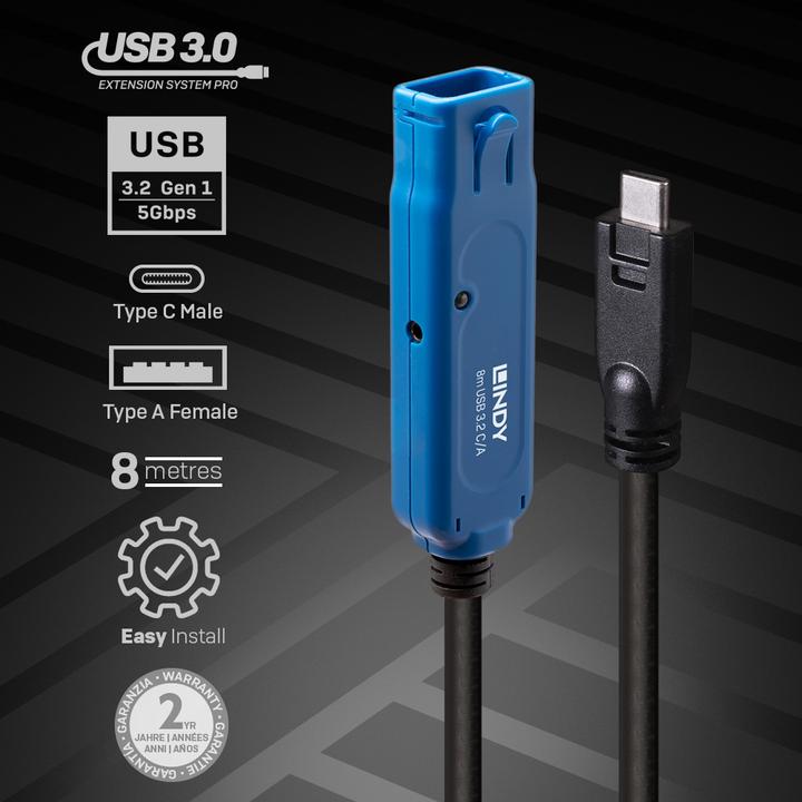 Produktbild Lindy 8m USB 3.2 Gen 1 C/A Aktivverlängerung Pro Bis zu 40m Verlängerung für ein USB Typ A Gerät an einem (8 m, USB 3.2 Gen 1)