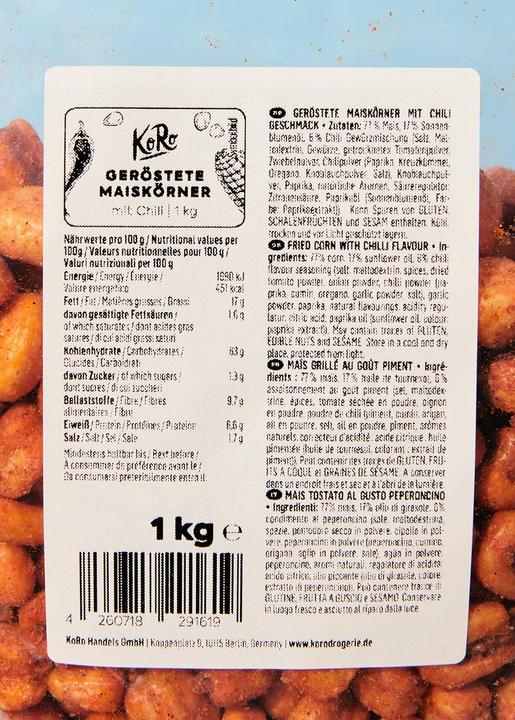 Nutritional values and ingredients KoRo Roasted corn kernels with chilli flavour (1000 g)