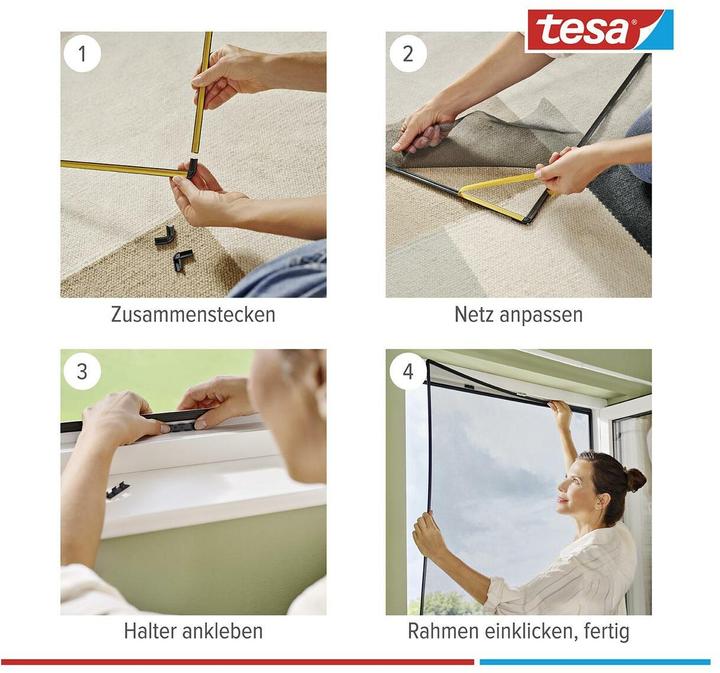 Produktbild tesa CLIP-ON Insektenschutz mit Anklipsrahmen für Fenster, zuschneidbarer Rahmen, ohne Bohren (120 x 140 cm)