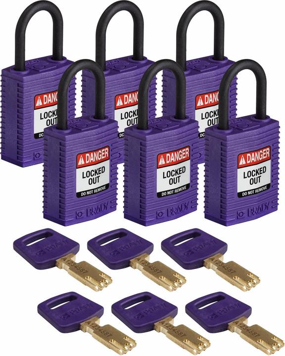 Productafbeelding Brady Safekey compact nylon veiligheidsslot met nylon beugel, paars, 25 mm beugelhoogte, 4,3 mm