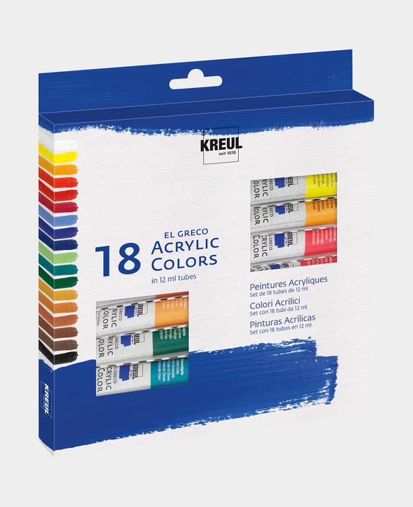 Produktbild Kreul EL GRECO - 18er-Acrylfarbenset (Echtgelb Zitron, Titanweiss, Lichtgrün, Laubgrün, Krapprot, Lichter Ocker, Karminrot, Umbra gebrannt, Ultramarinblau, Schwarz, Chromoxidgrün, Lichtblau, Kobaltblau dunkel, 216 ml)