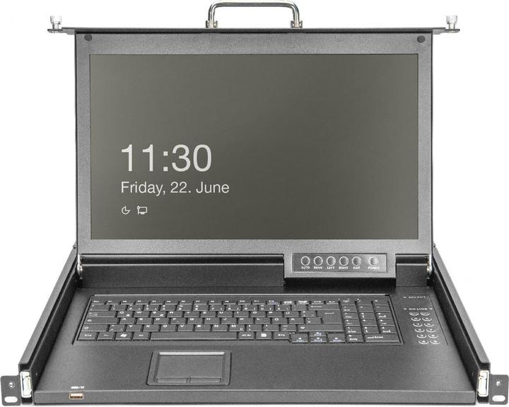 Produktbild Digitus Modul. 43,2cm HD LCD TFT Konsole, 16 Port VGA,FR mit 16 Port VGA KVM, FR Tastatur, RAL 9005 schwarz