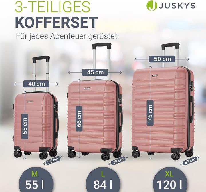 Produktbild Juskys 3-teiliges Hartschalenkoffer-Set mit 360° Rollen (120 l, M (50 - 90l), XL (ab 115l))