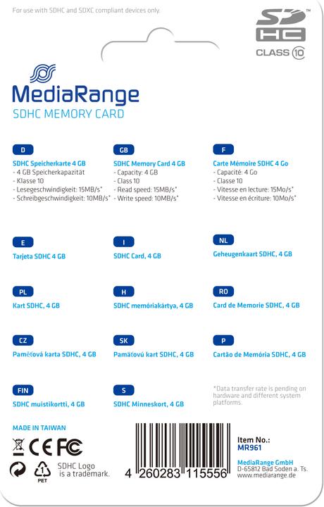Produktbild MediaRange SDHC Klasse 10 (4 GB, SDHC, U1, UHS-I)