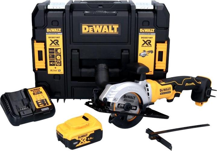 Actual product image DeWalt DCS 571 P1 Battery hand-held circular saw 18 V 115 mm Brushless + 1x battery 5.0 Ah + charger +