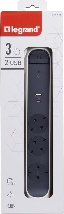 Actual product image Legrand Power strip rotatable 3x socket, USB-A, USB-C, SPD, 1.5m cable white-black 694508 (3 x, CEE 7/5, 1.50 m)