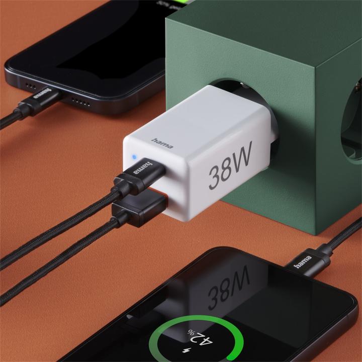 Immagine prodotto Hama Mini caricatore, GaN, USB-C Power Delivery (PD) + USB-A QC3.0, 38W, bianco (38 W)