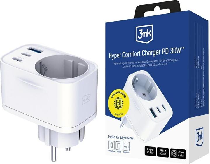 Produktbild 3MK Adapter sieciowy Hyper Comfort Charger 30W 1xUSB-A 2xUSB-C 1xSchuko PD QC3.0 biały (30 W)