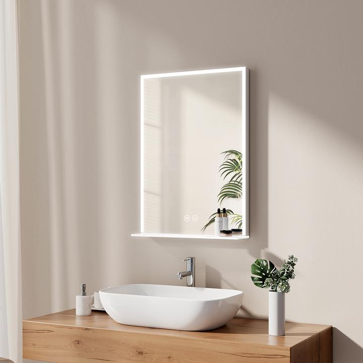 Produktbild Emke Badspiegel mit Beleuchtung 50*70cm, Beschlagfrei, Kaltweiss6500Kund Dimmbar, Glasablage (80 x 60 cm)