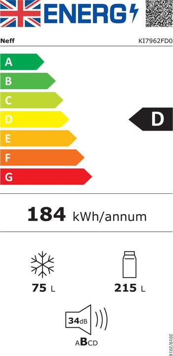 Energie-Label Neff N 50, Einbau Kühl-Gefrierkombination mit Gefrierfach unten, 193.5 x 55.8 cm, Flachscharnier, KI7962F (290 l)